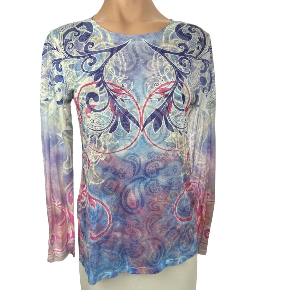 Laura Ashley Active Long Sleeve Top Sz M Blue,Pink White Semi Sheer Pullover